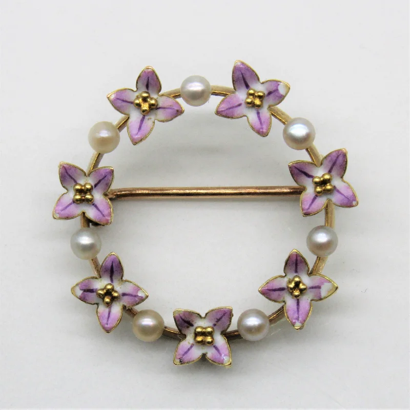 Ruby floral brooches-Art Nouveau Seed Pearl & Enamel Floral Forget Me Not Brooch |