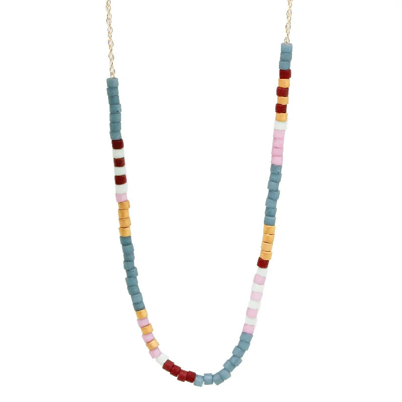 Plated gold necklaces-Blue-Pink Micro Bead Necklace