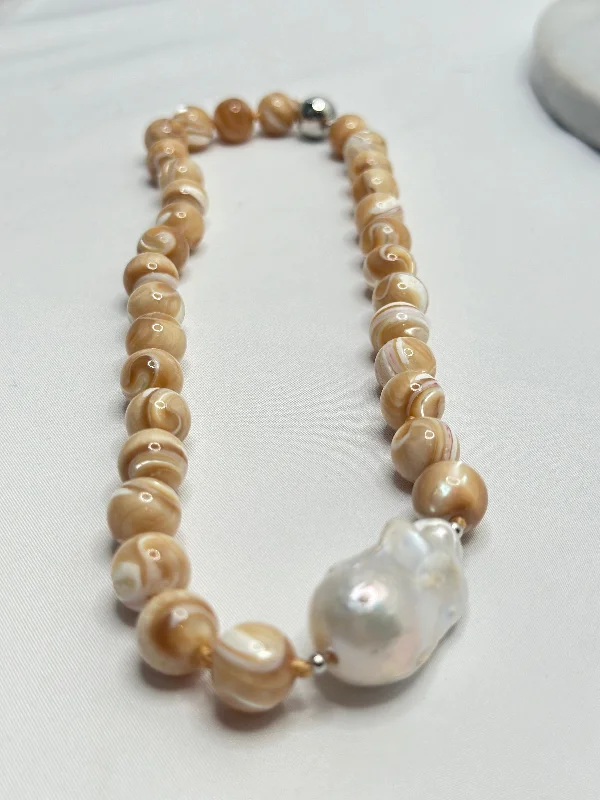 Carved wood necklaces-Necklace - Shell Stones & White Baroque Pearl