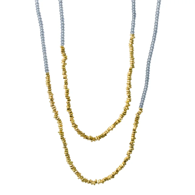 Pentagon pendant necklaces-Double Gold Bead Cluster Necklace