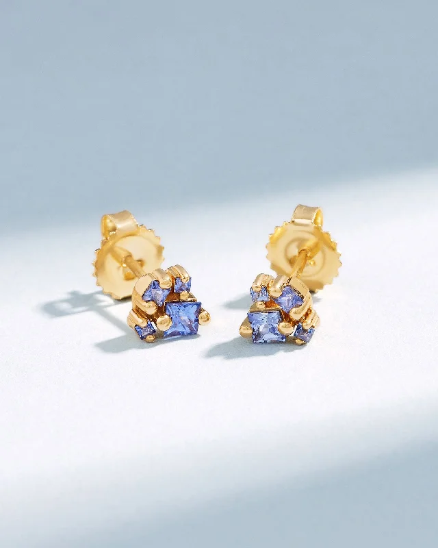 Uneven earrings-Uneven earrings-Princess Cluster Light Blue Sapphire Studs