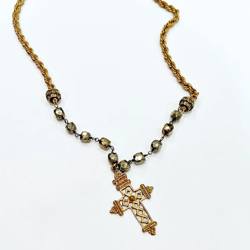 Fringe charm necklaces-Necklace - Coptic Cross on Pyrite with a Vintage Rope Chain