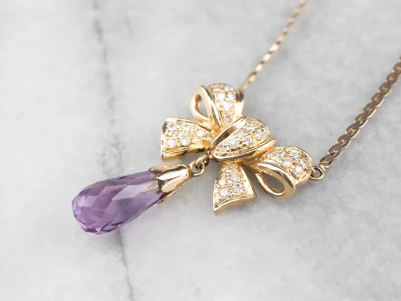 Retro coin necklaces-Gold Bow Amethyst and Diamond Necklace