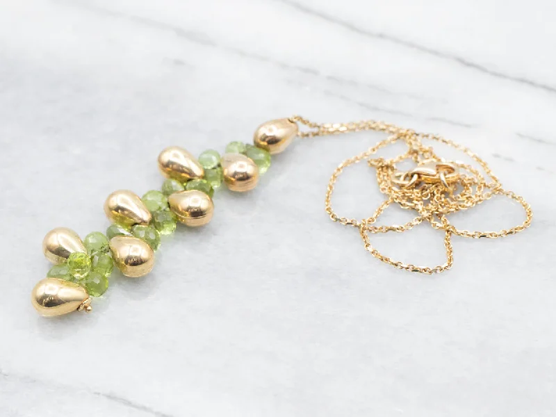 Pentagon pendant necklaces-Briolette Cut Peridot and Gold Cluster Drop Necklace