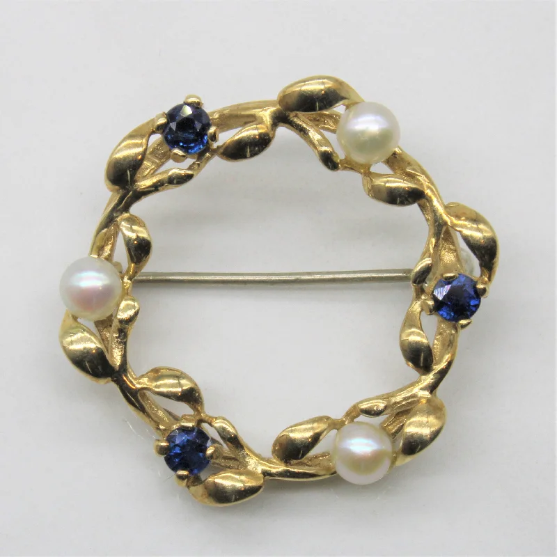 Mixed bead brooches-Sapphire & Pearl Wreath Brooch | 0.30ctw |