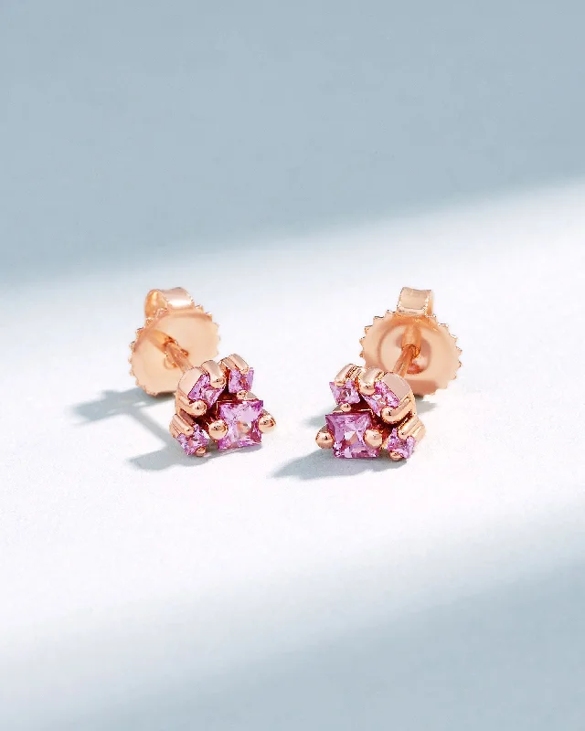 Freshwater pearl earrings-Freshwater pearl earrings-Princess Cluster Pink Sapphire Studs