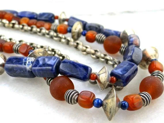 Wide collar necklaces-Sodalite and Glass Beaded Antique Silver Necklace