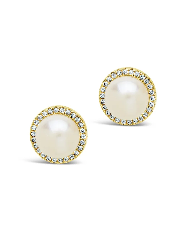 Vintage flair earrings-Vintage flair earrings-Pearl & CZ Halo Stud Earrings