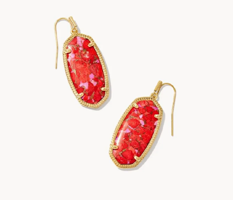 Plated gold earrings-Plated gold earrings-Elle Gold Plated Drop Earrings in Bronze Veined Red & Fuchsia by Kendra Scott