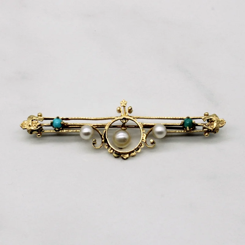 Glittering crystal brooches-Vintage Chrysocolla & Pearl Brooch | 0.25ctw |