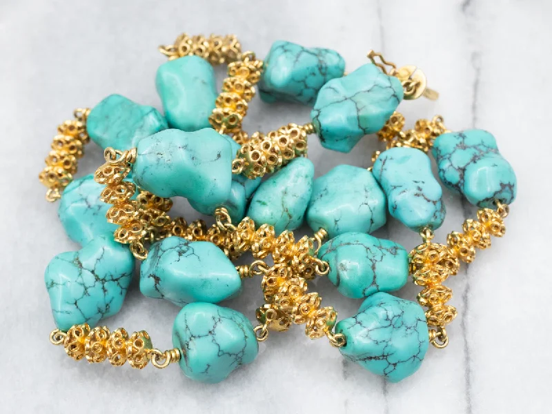 Coiled pendant necklaces-Stunning 18-Karat Gold Turquoise Nugget Beaded Necklace