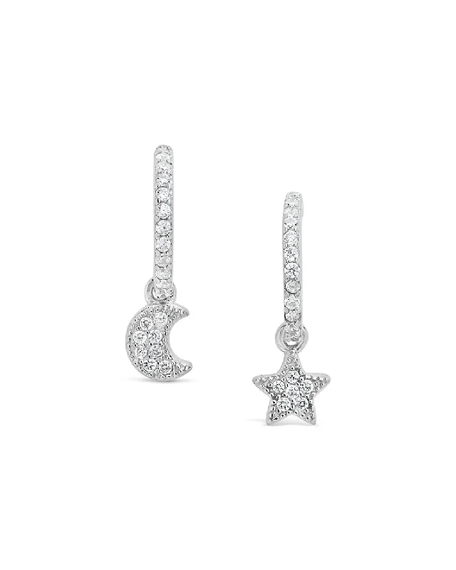 Topaz stud earrings-Topaz stud earrings-Sterling Silver Moon & Star CZ Micro Hoops