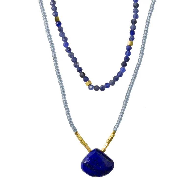 Bird feather necklaces-Double Lapis Drop Necklace