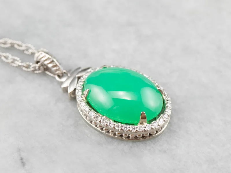 Polished metal necklaces-Chrysoprase Diamond Halo White Gold Pendant Necklace