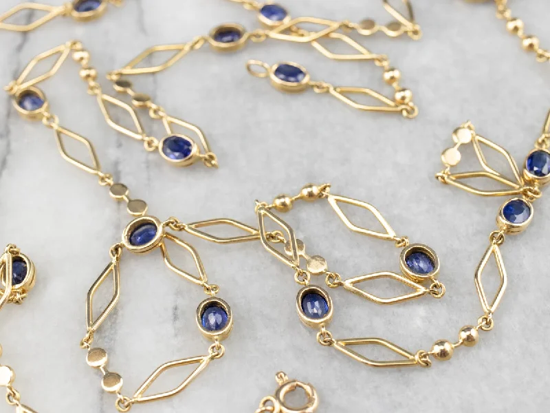 Double-layer necklaces-Sapphire 18K Gold Long Link Necklace