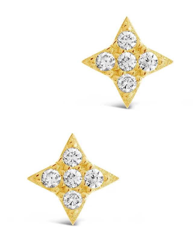 Roaring 20s earrings-Roaring 20s earrings-Sterling Silver Four Pointed CZ Star Stud Earrings