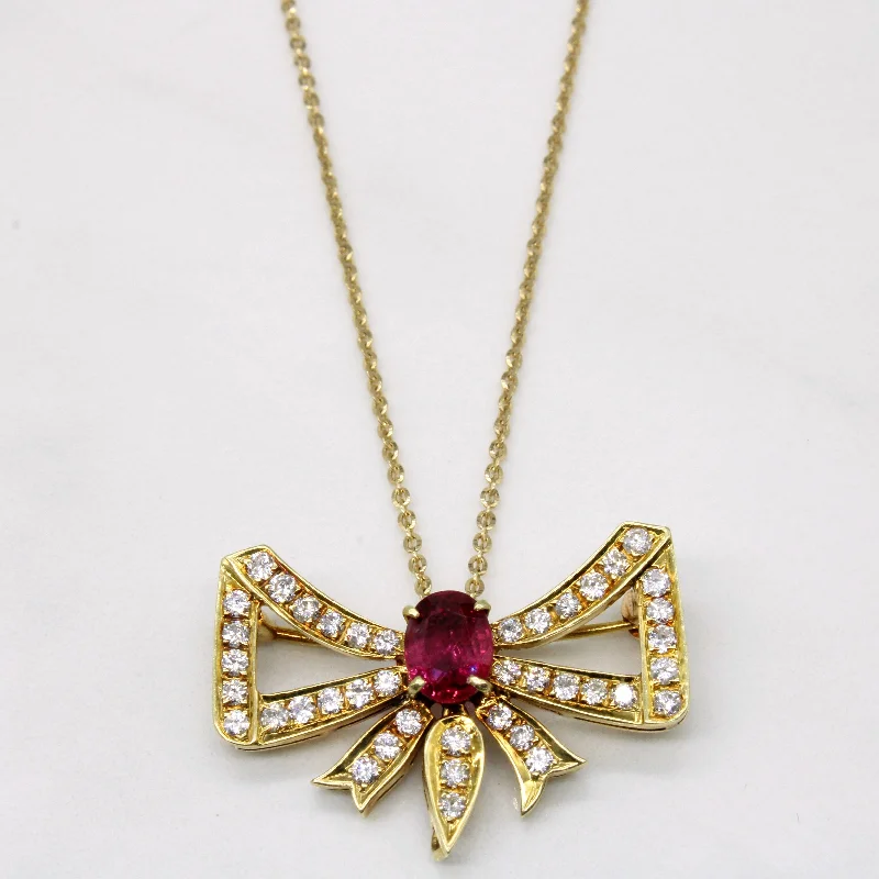 Large statement brooches-Ruby & Diamond Bow Modified Pendant & Brooch Necklace | 1.09ct, 0.76ctw | 20" |