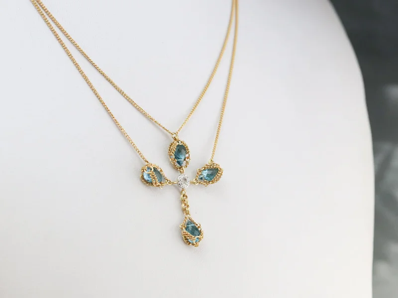 Fringe charm necklaces-Gold Blue Topaz and Diamond Cross Necklace