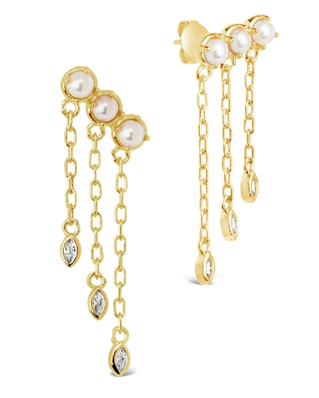 Pink gold earrings-Pink gold earrings-Rhiannon Dangling CZ & Pearl Tiered Stud Earrings