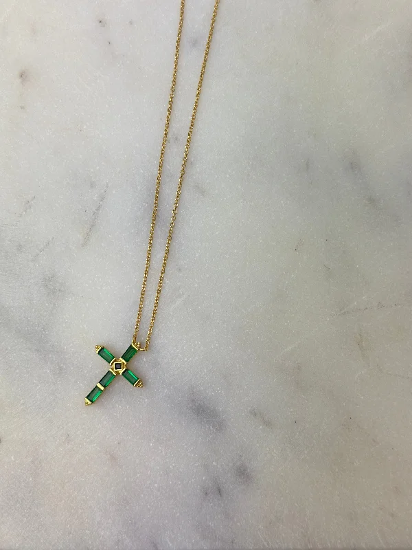 Galaxy star necklaces-Necklace - Green Gemstone Cross On Gold Chain