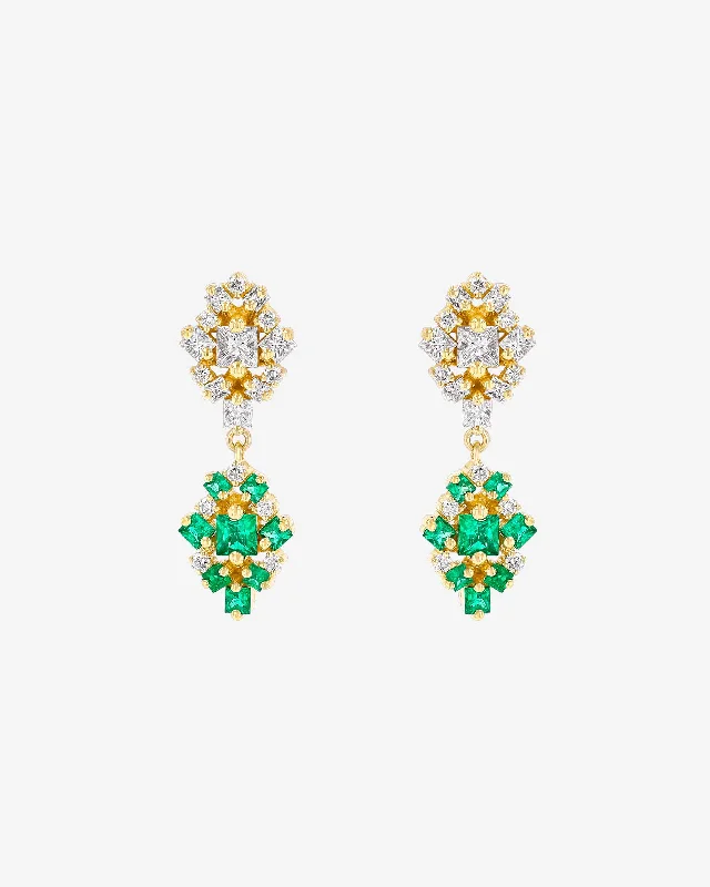 Pentagon stud earrings-Pentagon stud earrings-La Fantaisie Double Star Diamond & Emerald Drop Earrings