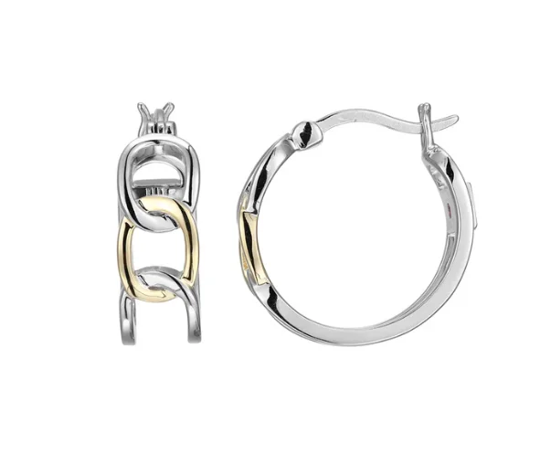 Leafy design earrings-Leafy design earrings-SS "Paraelle" Rhodium & YG Plated 20mm Hoop Earrings by Elle