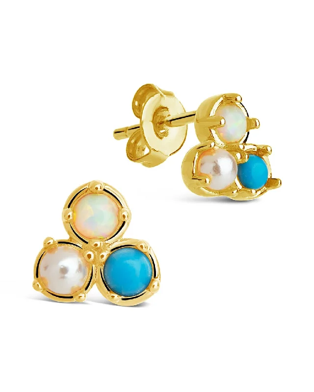 Freeform design earrings-Freeform design earrings-Bermuda Opal, Pearl, & Turquoise Triple Stud Earrings