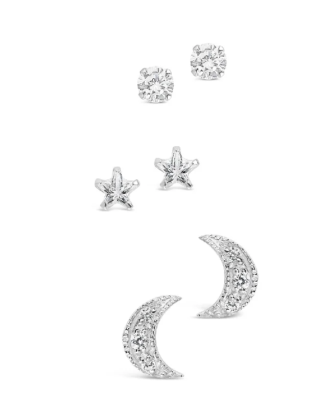 Tiered dangle earrings-Tiered dangle earrings-Sterling Silver CZ Crescent, Star, & Stud Set of 3