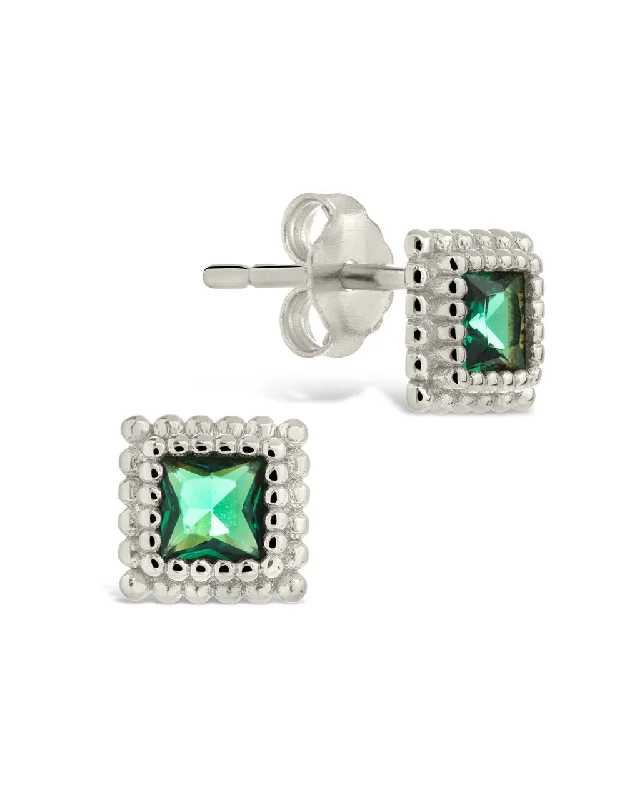 Slim threader earrings-Slim threader earrings-Sterling Silver Square Emerald CZ Diana Stud Earrings