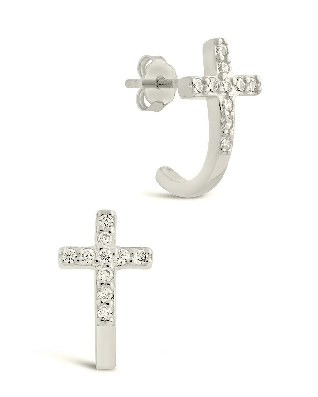 Fine pearl earrings-Fine pearl earrings-Sterling Silver CZ Cross Huggie Hoop Earrings