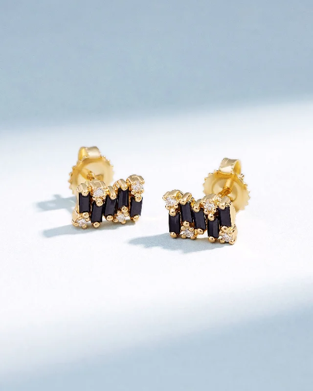 Carved wood earrings-Carved wood earrings-Shimmer Black Sapphire Studs