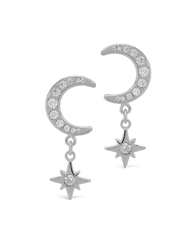 Small heart earrings-Small heart earrings-Sterling Silver CZ Crescent & Star Drop Studs