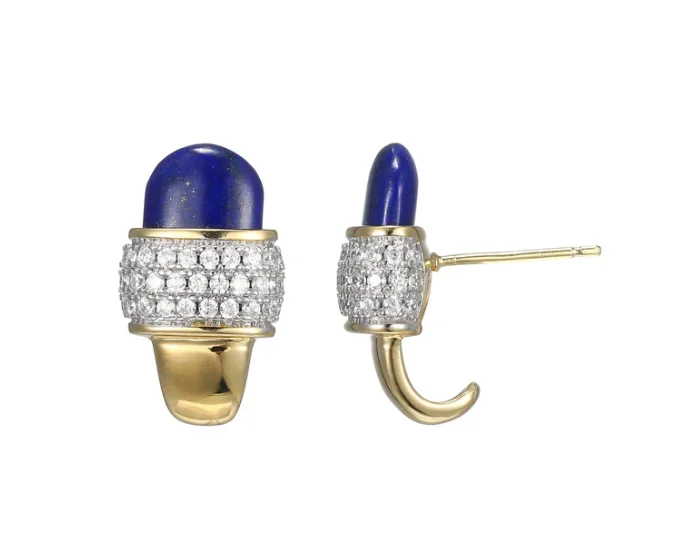 Aquamarine earrings-Aquamarine earrings-SS Yellow Gold Plated New Mesh 2 Genuine Lapis & CZ J Hoop Post Earrings