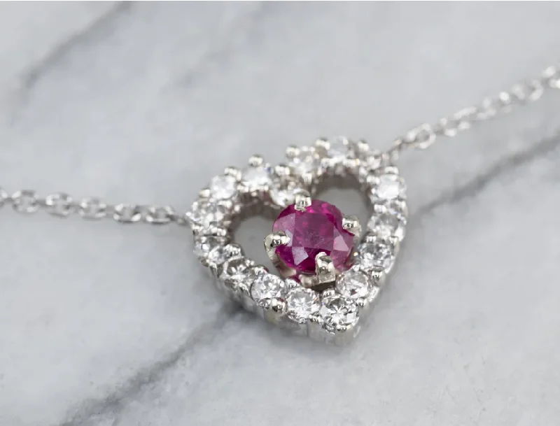 Leafy design necklaces-Ruby and Diamond Heart Necklace