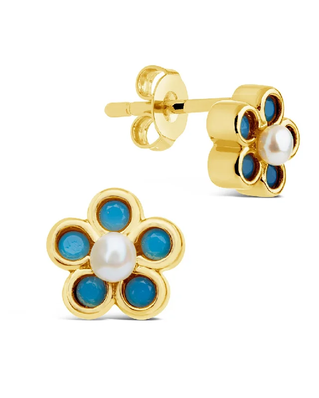 Large statement earrings-Large statement earrings-Lilo Turquoise & Pearl Flower Stud Earrings