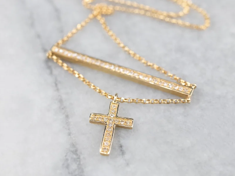 Stone-wrapped necklaces-Diamond Bar Necklace with Cross Charm