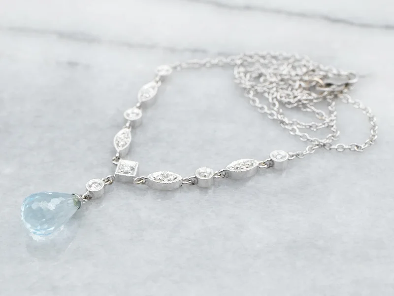 Wide collar necklaces-White Gold Blue Topaz Briolette Necklace with Diamond Accents