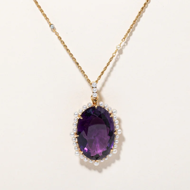 Aquamarine brooches-Large Amethyst & Pearl Pendant Necklace | 30.00ct | 17" |