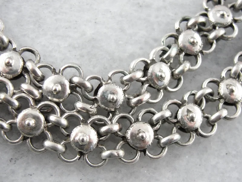 Aged silver necklaces-Handmade Floral Link Necklace with Large Decorative Hook Clasp