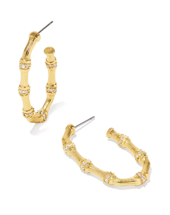 Vintage flair earrings-Vintage flair earrings-Maura Yellow Gold White Crystal Bamboo Hoop Earrings by Kendra Scott