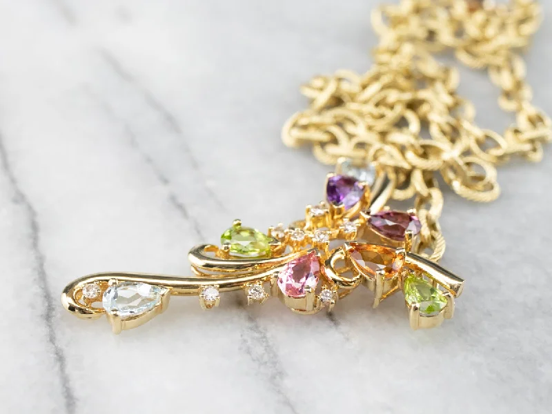 Tidal wave necklaces-Rainbow Gemstone Gold Pendant Necklace