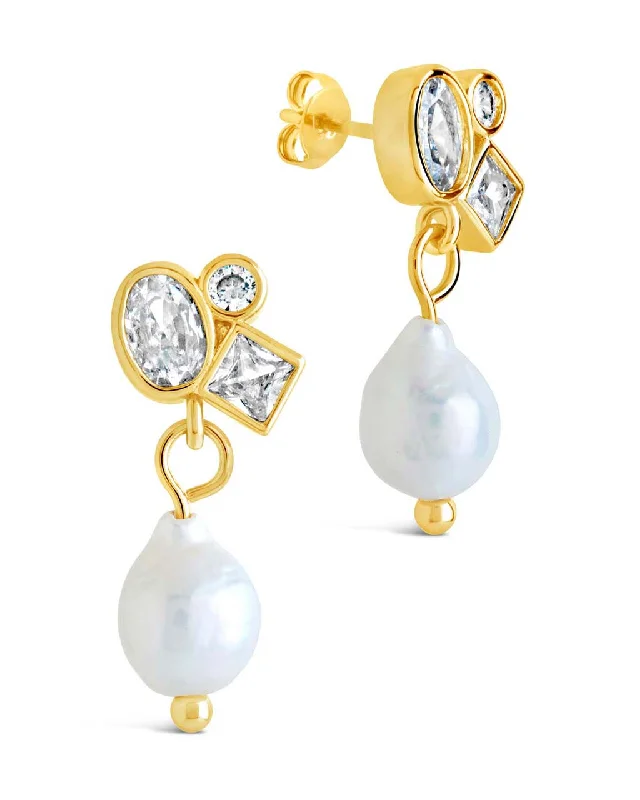 Slim threader earrings-Slim threader earrings-Penny CZ & Pearl Cluster Studs