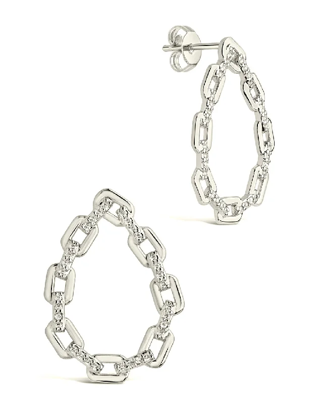 Fluid shape earrings-Fluid shape earrings-CZ Chain Link Drop Stud Earrings