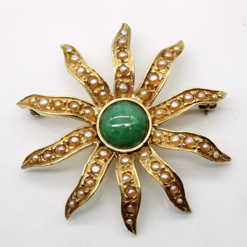 Large geometric brooches-Mid Century Jadeite & Pearl Sun Brooch | 1.50ct |