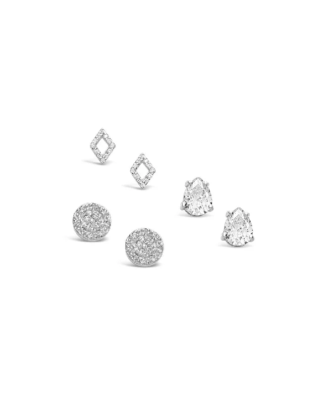 Horoscope charm earrings-Horoscope charm earrings-Sterling Silver CZ Geo Stud Set of 3