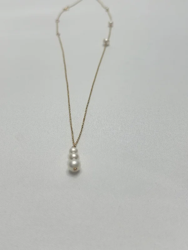 Aquamarine necklaces-Necklace - Trio Pearl Drop W/Pearl Stations