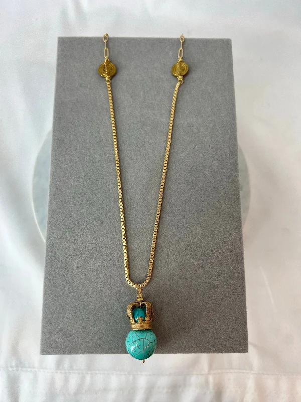 Sun phase necklaces-Necklace - Bronze St. Edward's Crown on Turquoise Box/Paperclip Chain