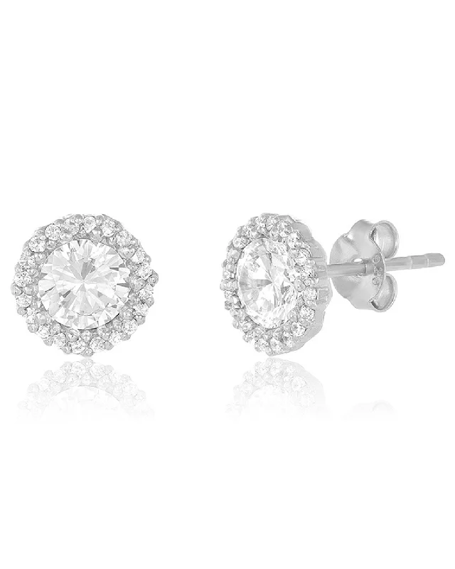 Dual-metal earrings-Dual-metal earrings-Sterling Silver CZ Halo Stud Earrings