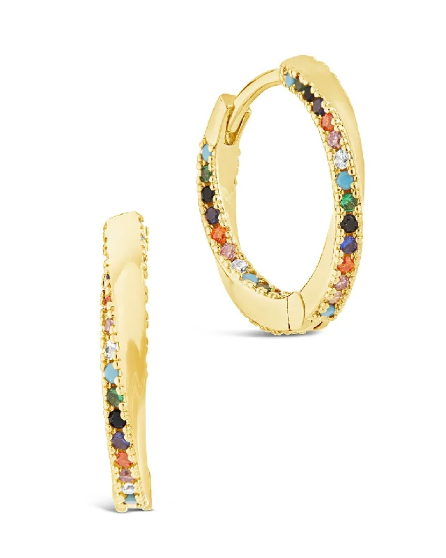 Fluid shape earrings-Fluid shape earrings-Rainbow CZ Micro Hoop Earrings