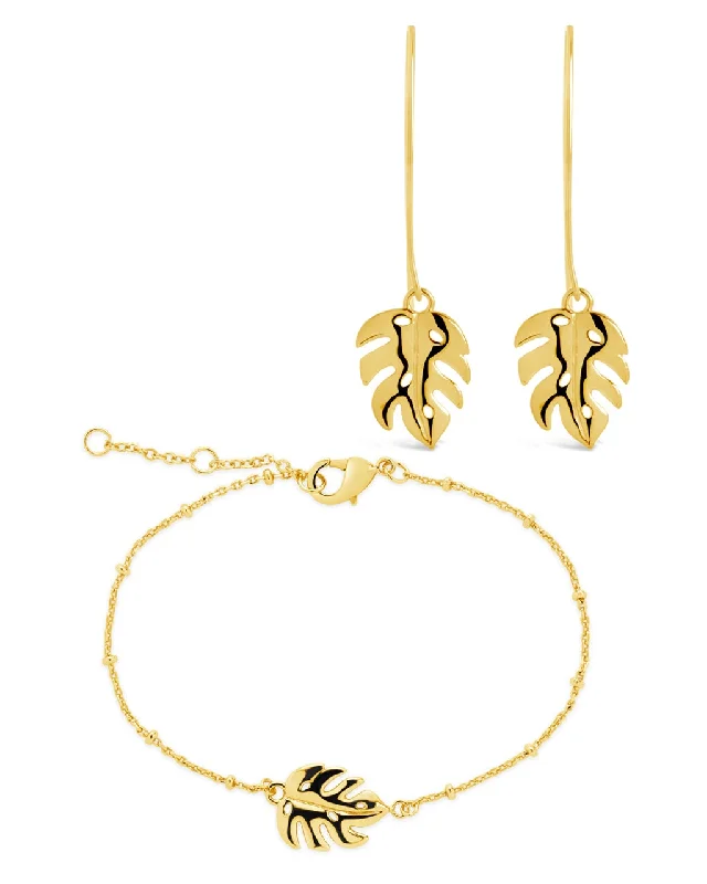 Old brass earrings-Old brass earrings-Monstera Leaf Threader Earrings and Chain Bracelet Set